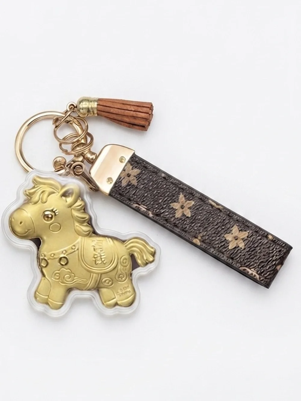 Gold Horse Keychain Charm with Brown Tassel Strap